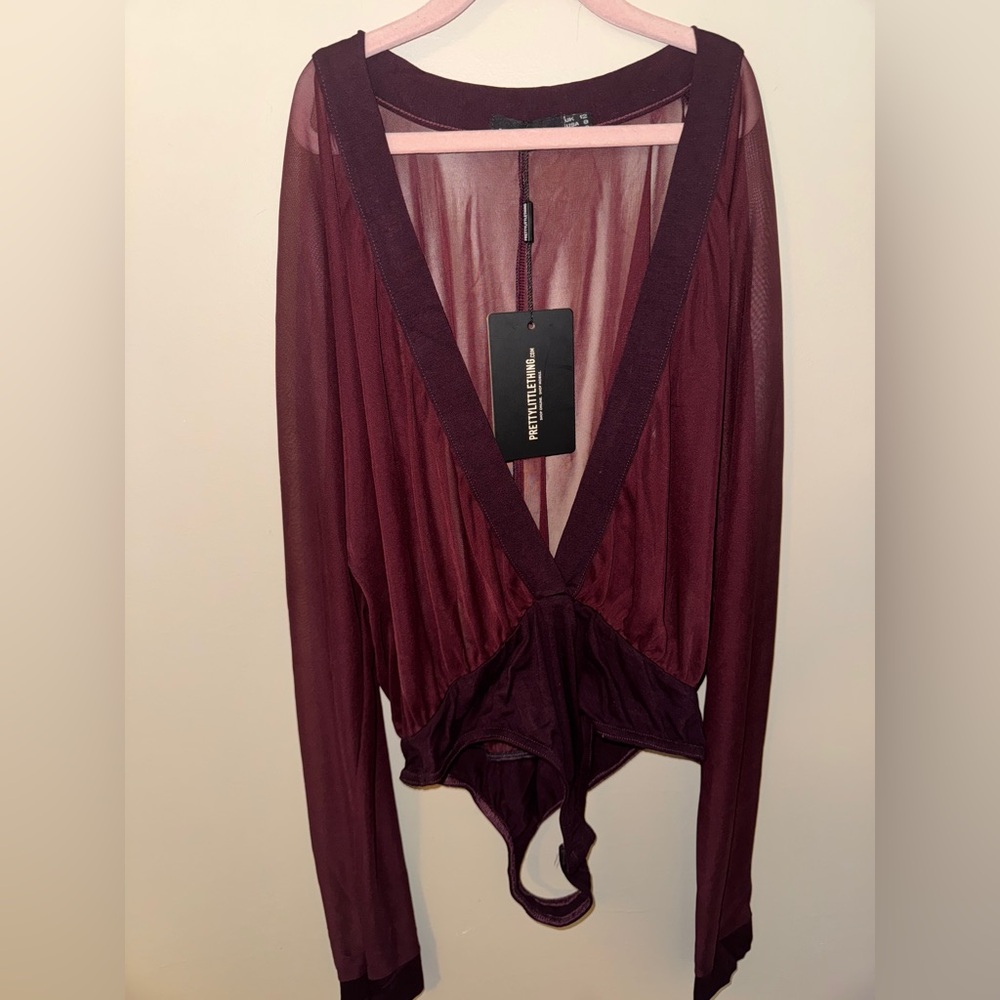 NWT PrettyLittleThing Burgundy Mesh Top Bodysuit